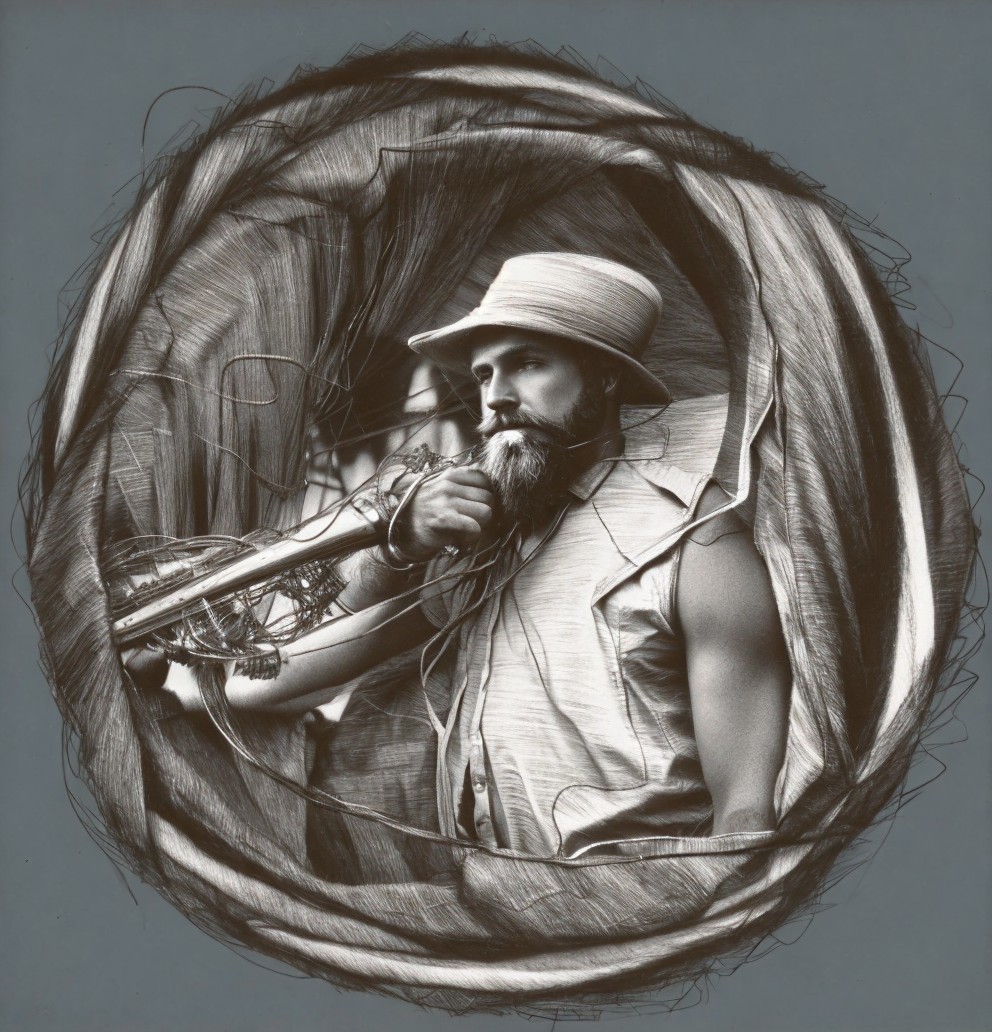 Monochrome Portrait of a Bearded Man with Instrument