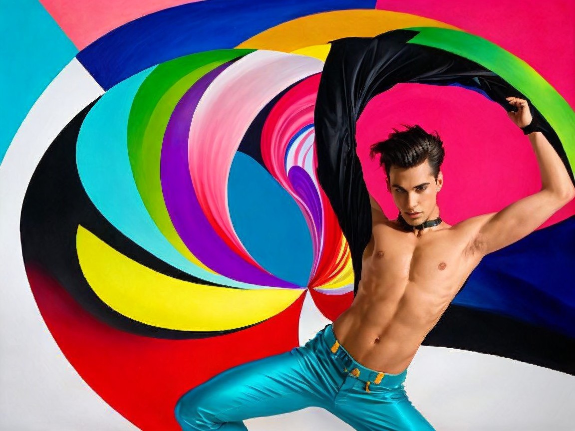 Muscular Male Model in Turquoise Pants with Colorful Background