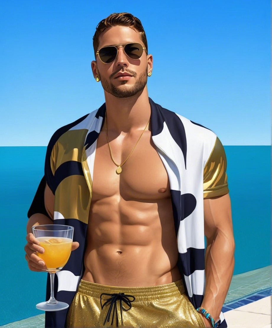 Muscular Man by Pool in Stylish Summer Attire