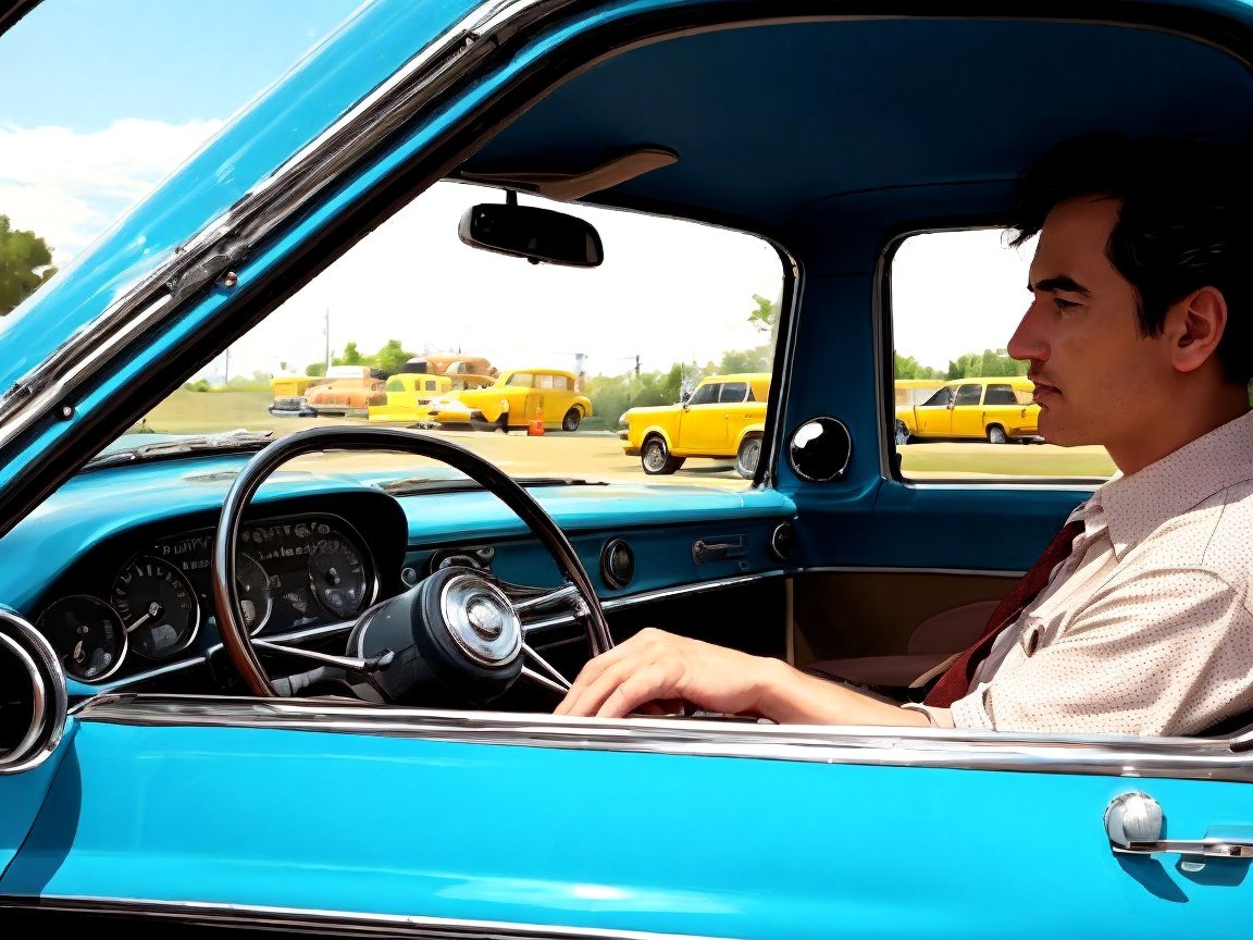 Vintage Blue Car with Young Man in Scenic Landscape