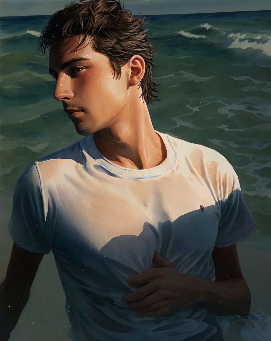 Young man at shoreline with ocean waves and sunlight