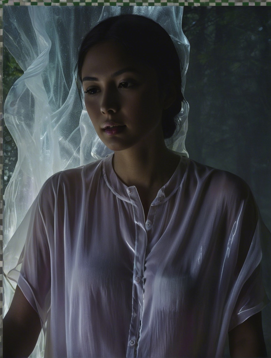 Young woman in soft light with ethereal fabric backdrop