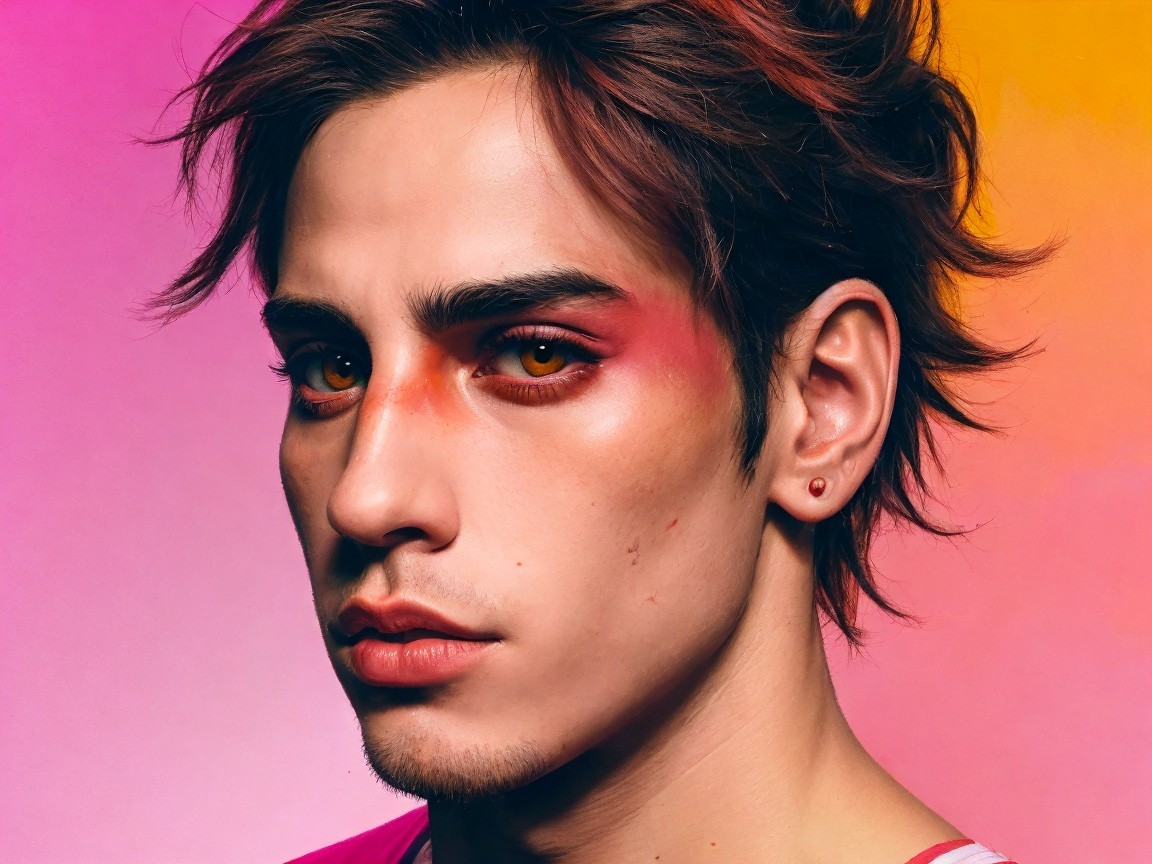 Young man with expressive makeup on vibrant background
