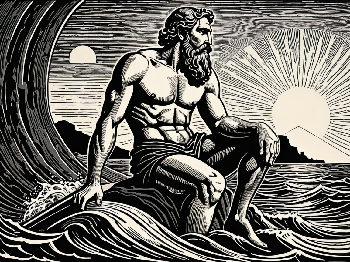 Muscular Figure in Turbulent Waters at Sunrise