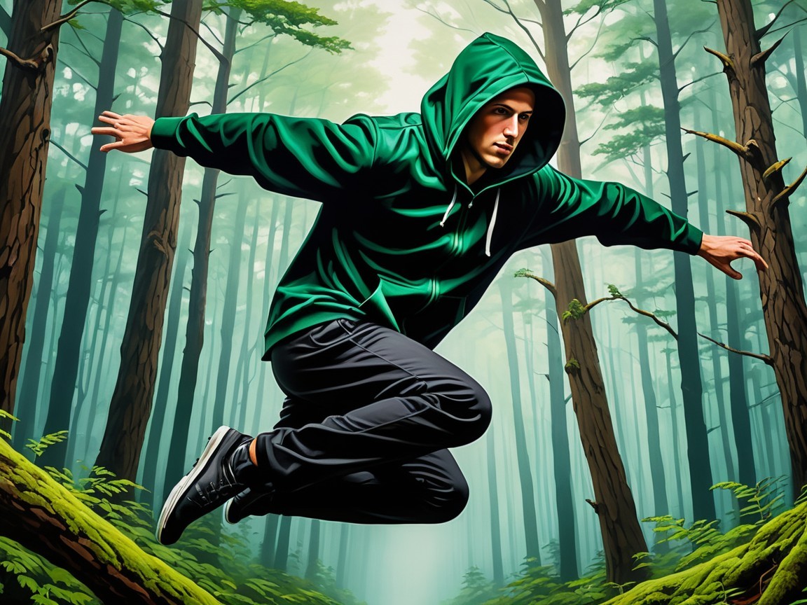 Dynamic Figure Leaping Through a Lush Forest