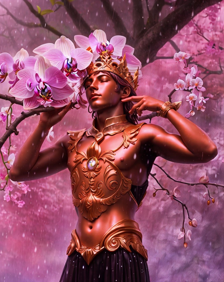 Majestic Figure in Golden Armor in Blooming Orchard