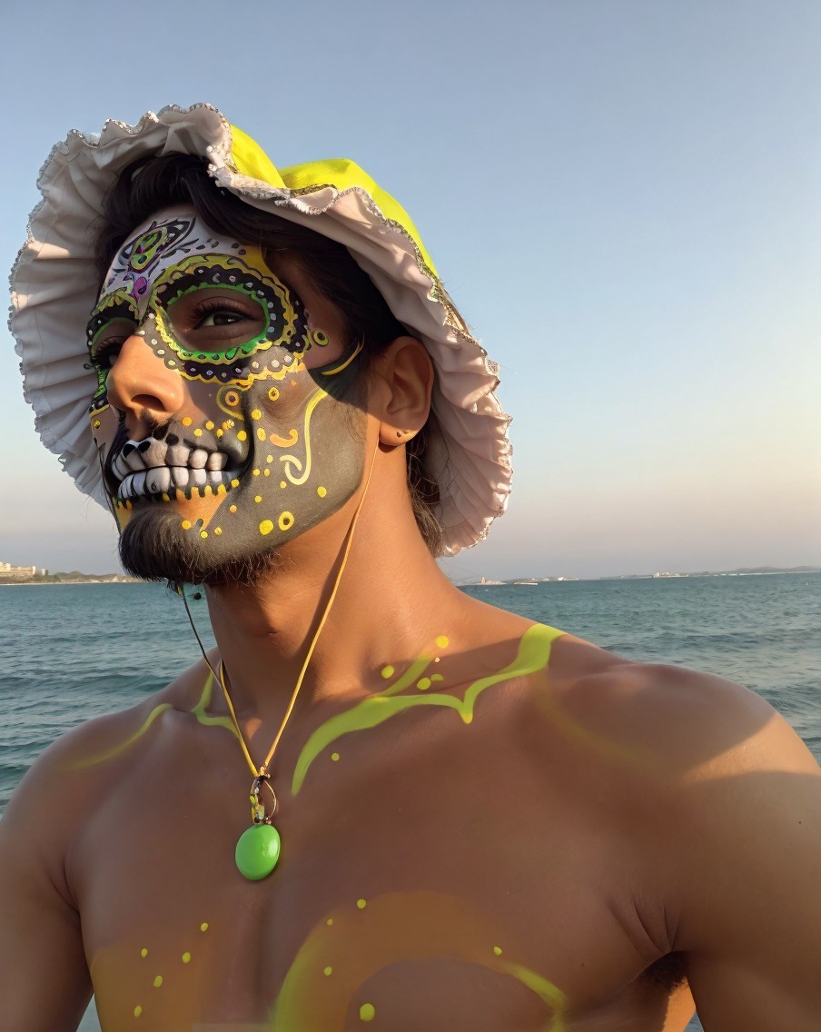 Male figure with vibrant skull face paint by the ocean