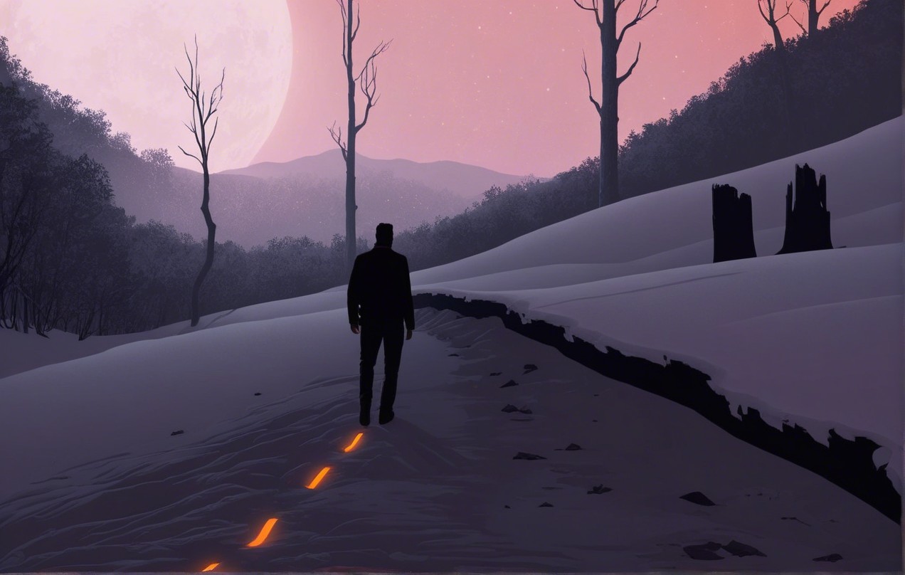 Solitary Figure on Snowy Path Under Glowing Moon