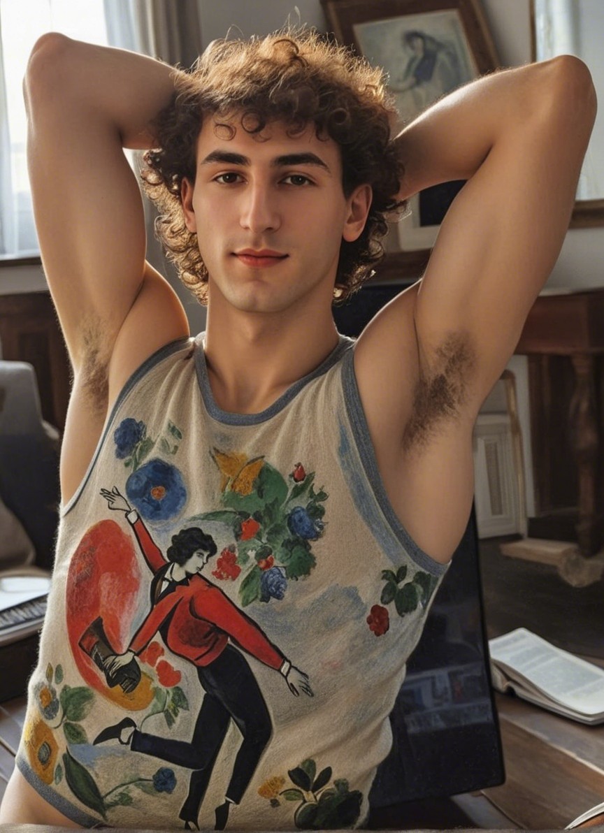 Young man in colorful tank top poses in warm room