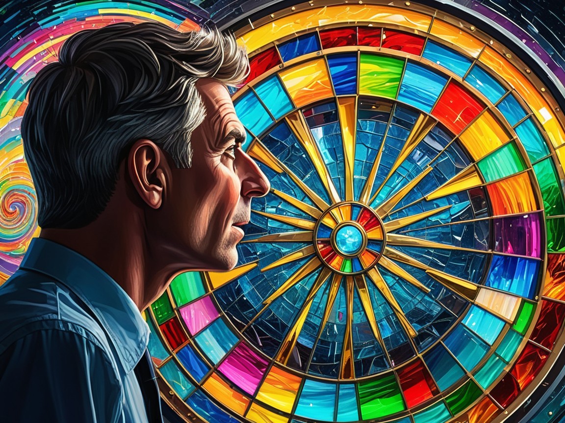 Middle-aged man in profile with colorful stained glass