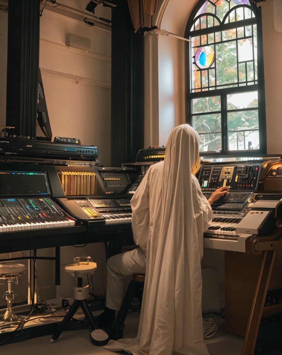 Musician Creating Music Surrounded by Vintage Synthesizers