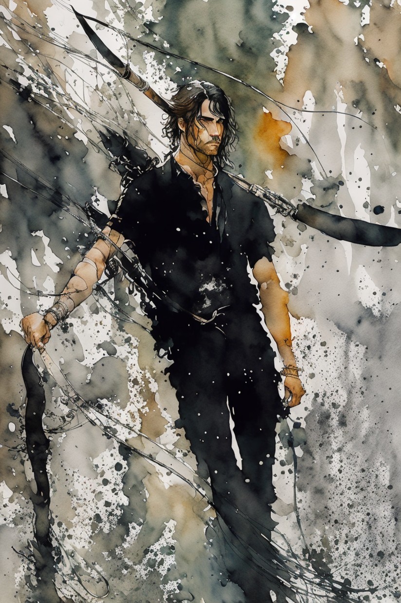 Watercolor Illustration of a Brooding Figure with Bow