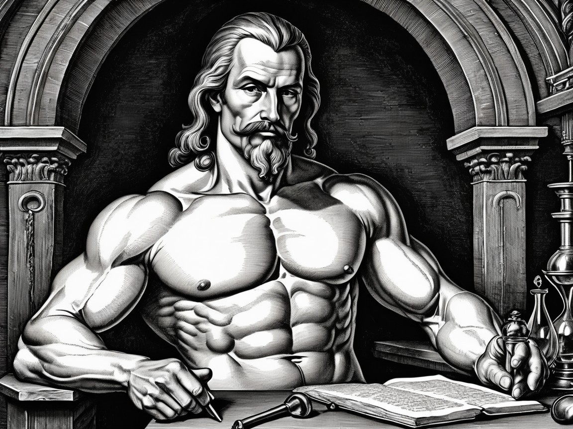 Muscular Man in Scholarly Setting with Open Book