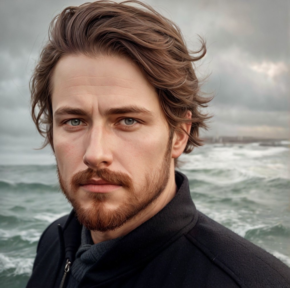 Young man by turbulent sea with dramatic skies