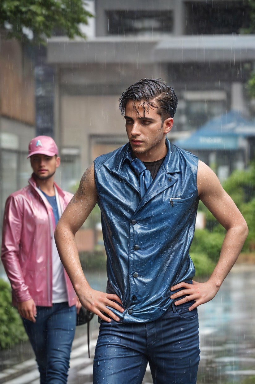 Stylish Young Men in Rainy Urban Setting