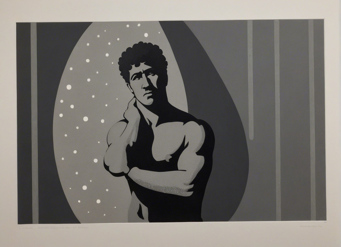 Stylized Male Figure in Gray with Abstract Backdrop