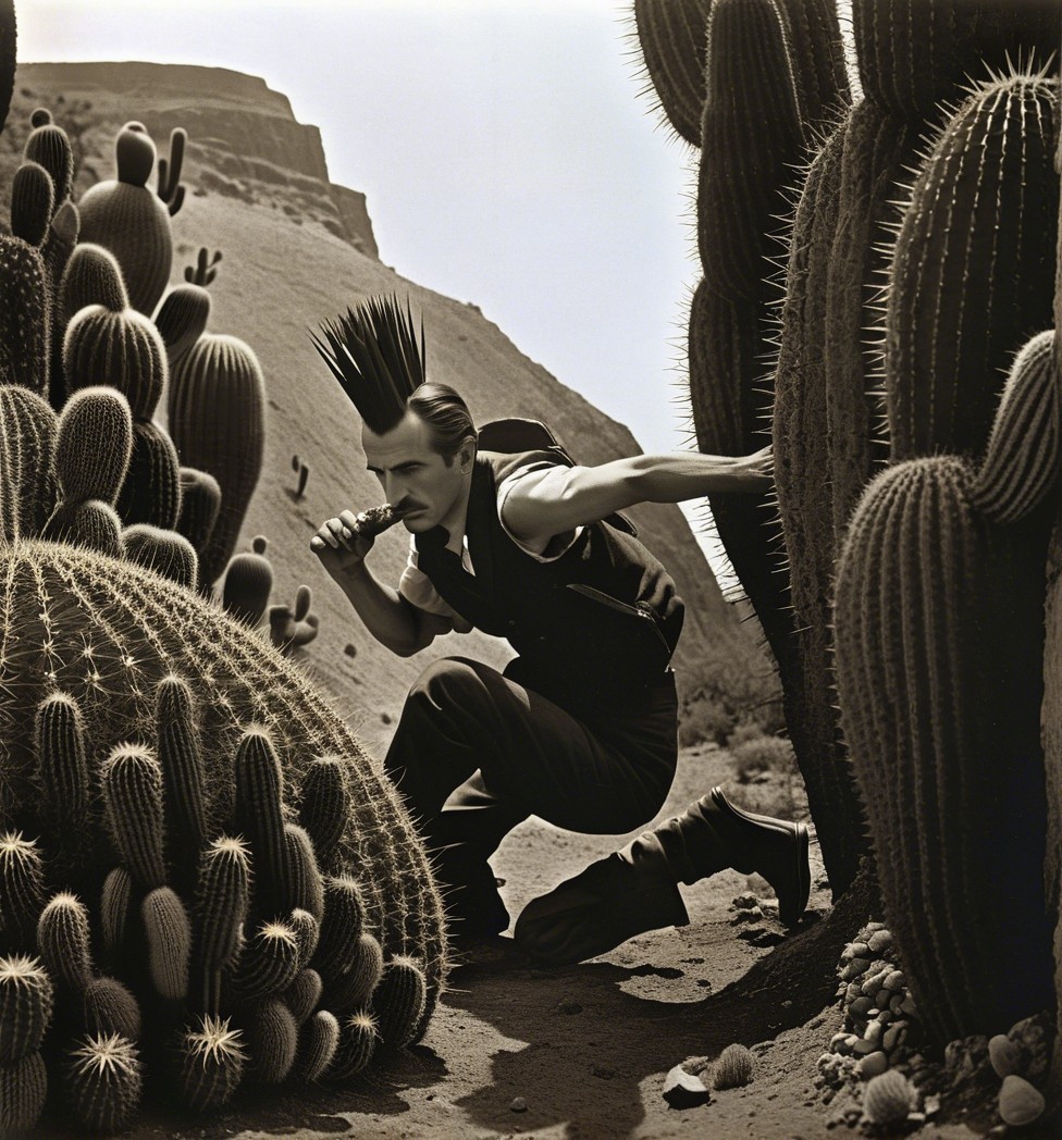 Man with Mohawk in Desert Among Tall Cacti