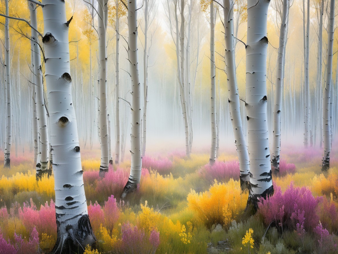 Serene forest scene with aspen trees and wildflowers