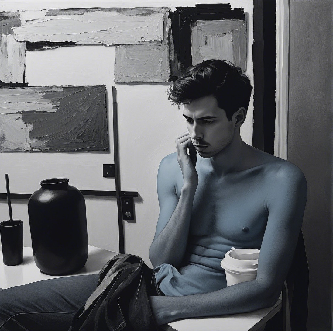 Contemplative Man in Art Studio with Monochromatic Palette