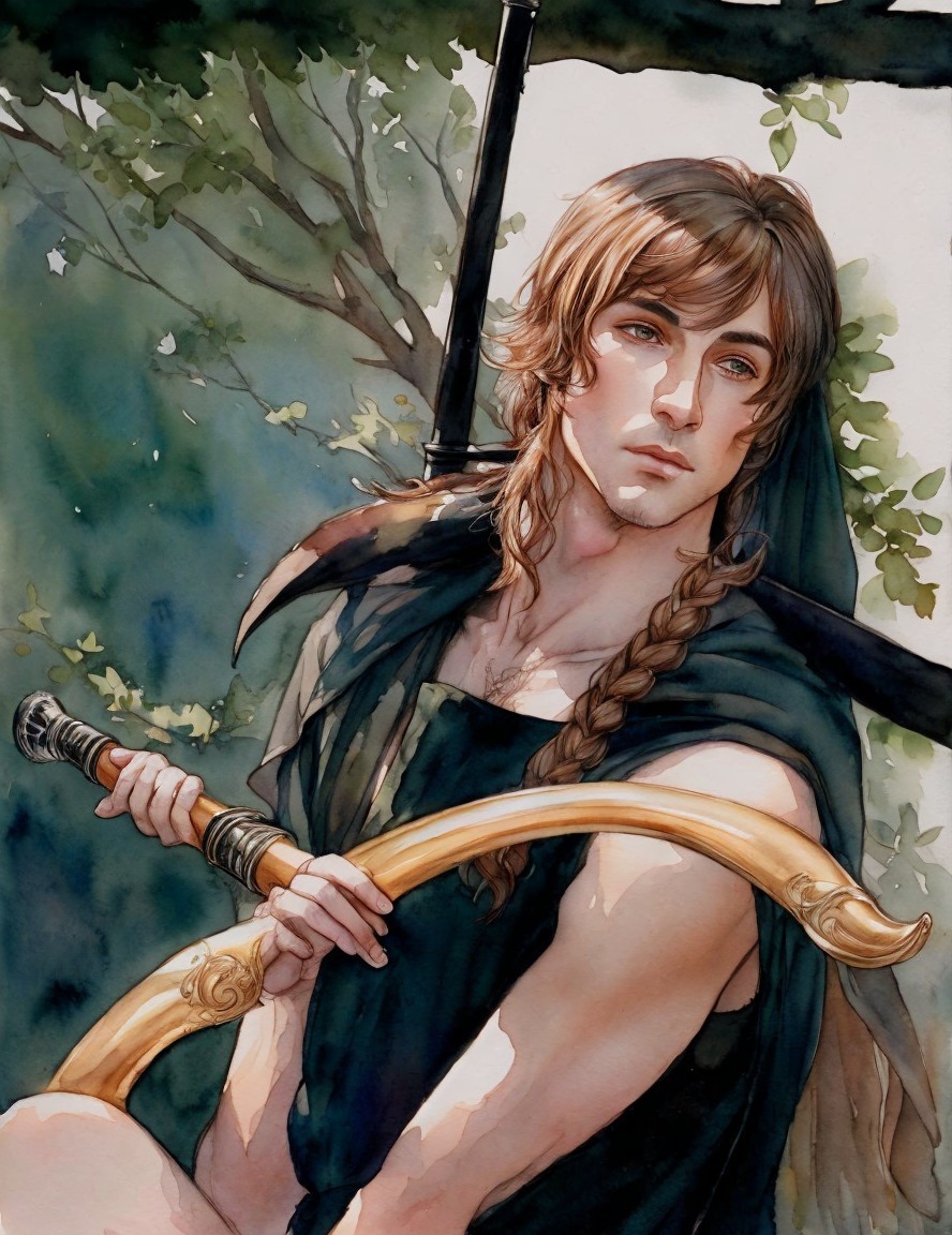 Young figure with bow and sword in lush setting