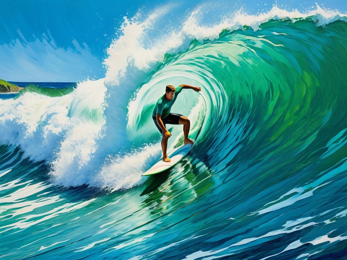 Surfer Balancing on Turquoise Wave in Sunny Ocean Scene