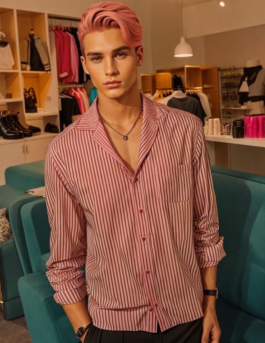 Young man in stylish boutique with pink striped shirt