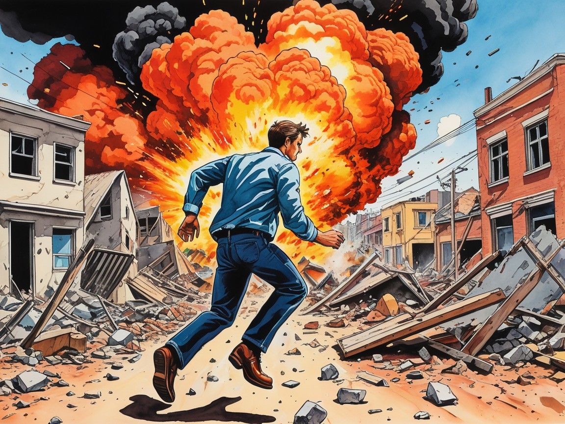 Man in Blue Shirt Escapes Urban Explosion Scene