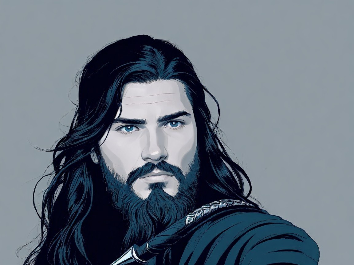 Portrait of a Man with Long Hair and Intense Blue Eyes