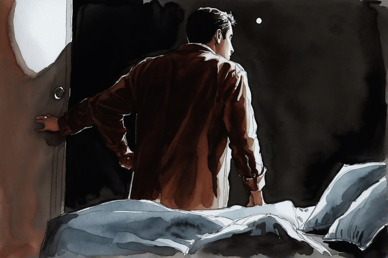 Man in Brown Jacket at Dimly Lit Room Entrance