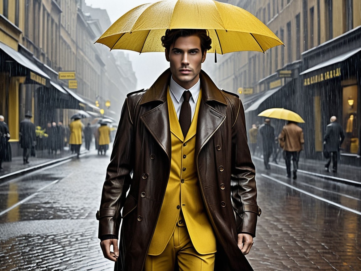 Stylish Man in Brown Coat and Yellow Suit on Rainy Street