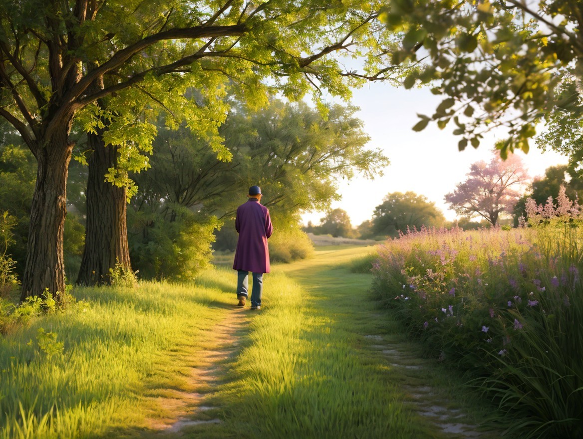 Serene Landscape with Winding Path and Wildflowers