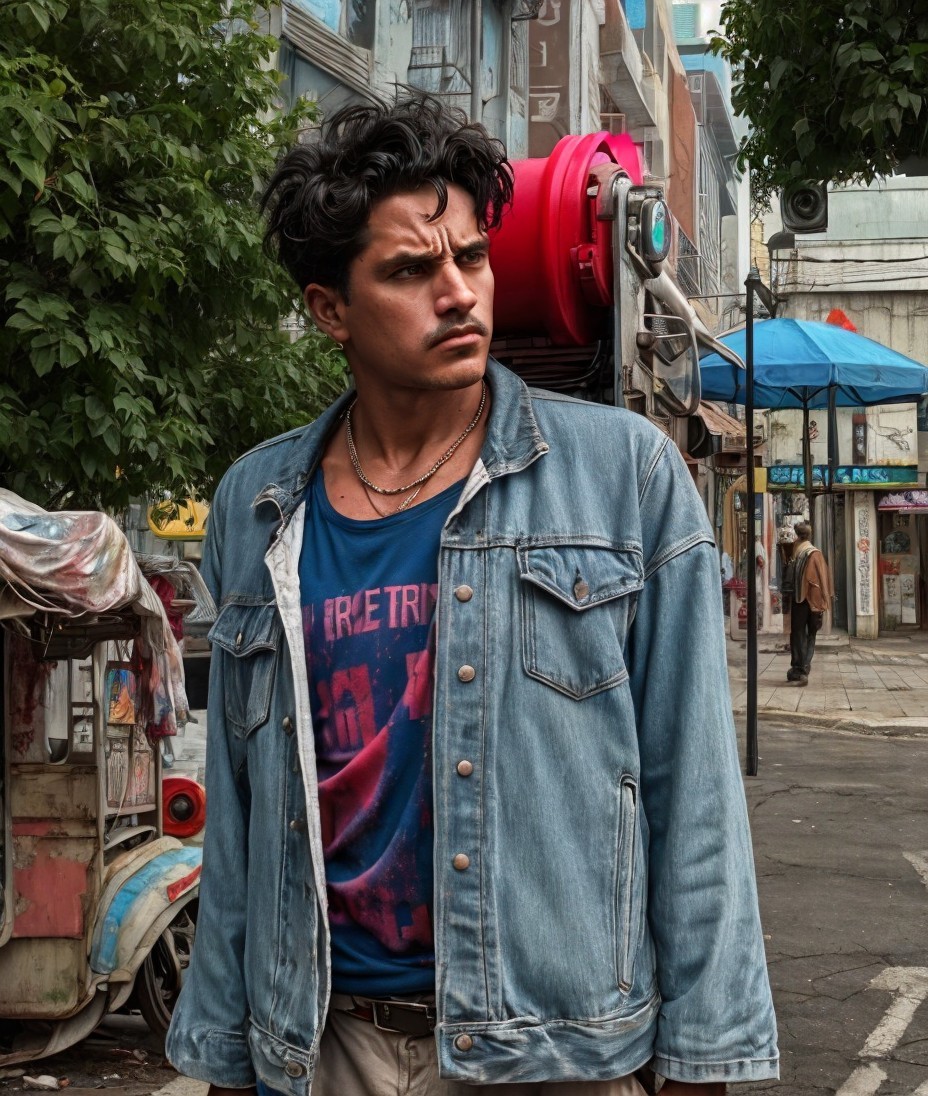 Young Man in Denim Jacket in Urban Cityscape