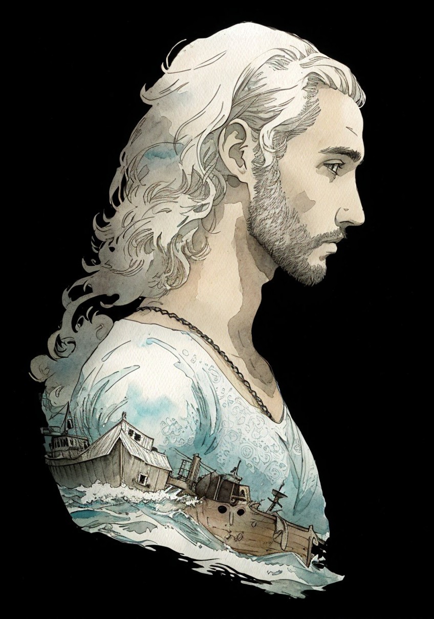 Side Profile of Man with White Hair and Ocean Scene