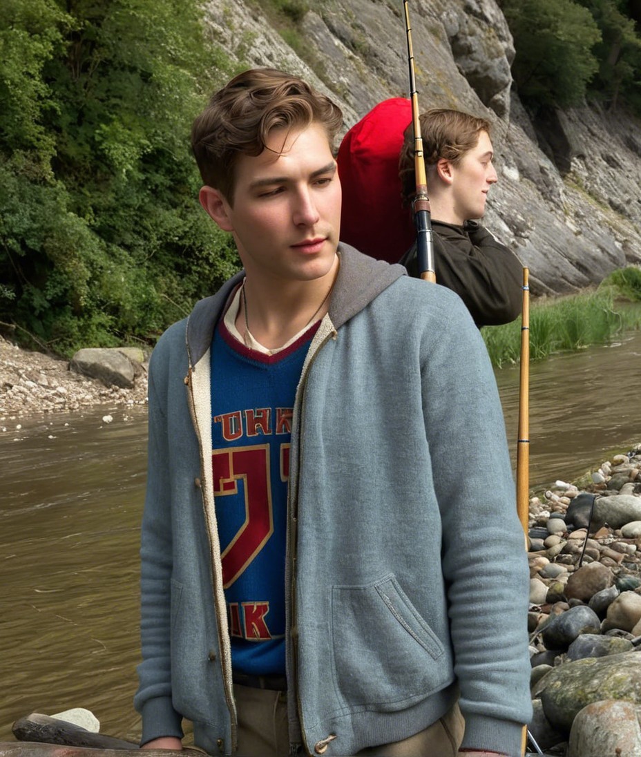 Young men by riverbank with fishing gear and greenery