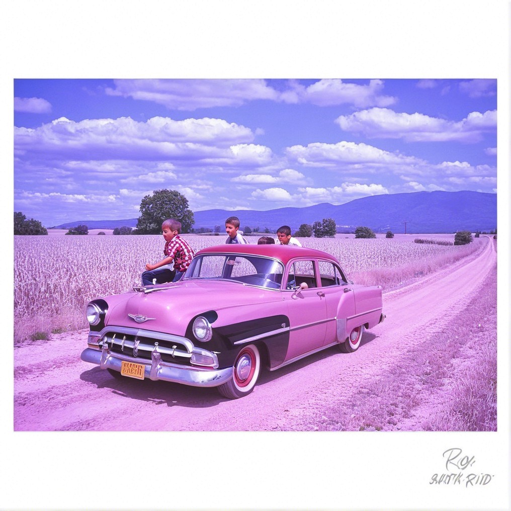 Vintage Pink and Black Car in Rural Landscape