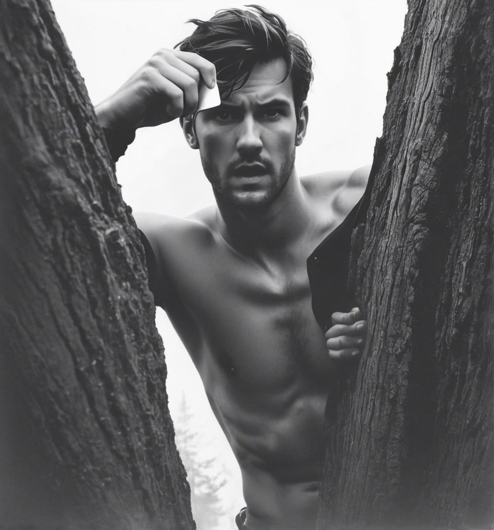 Muscular Man Peering Through Trees in Black-and-White