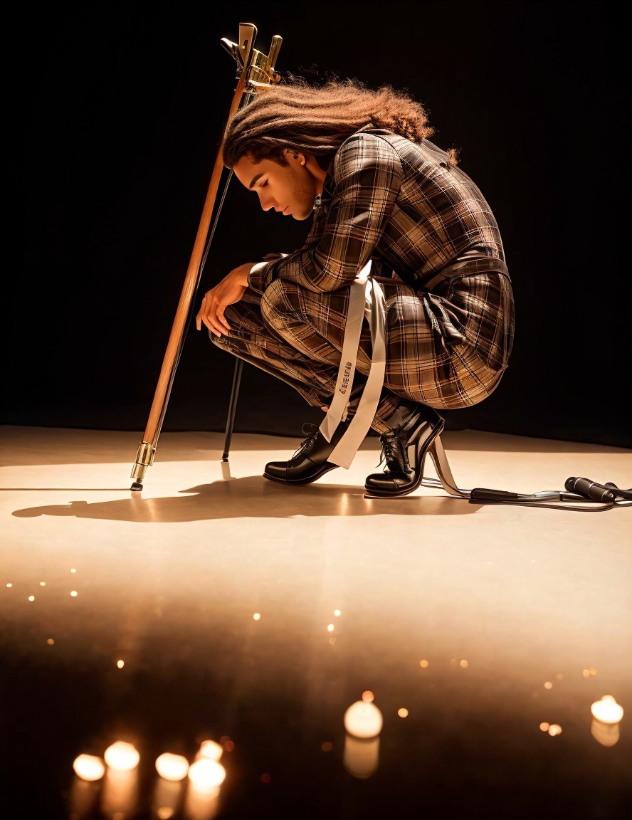 Contemplative Figure in Plaid Outfit on Stage