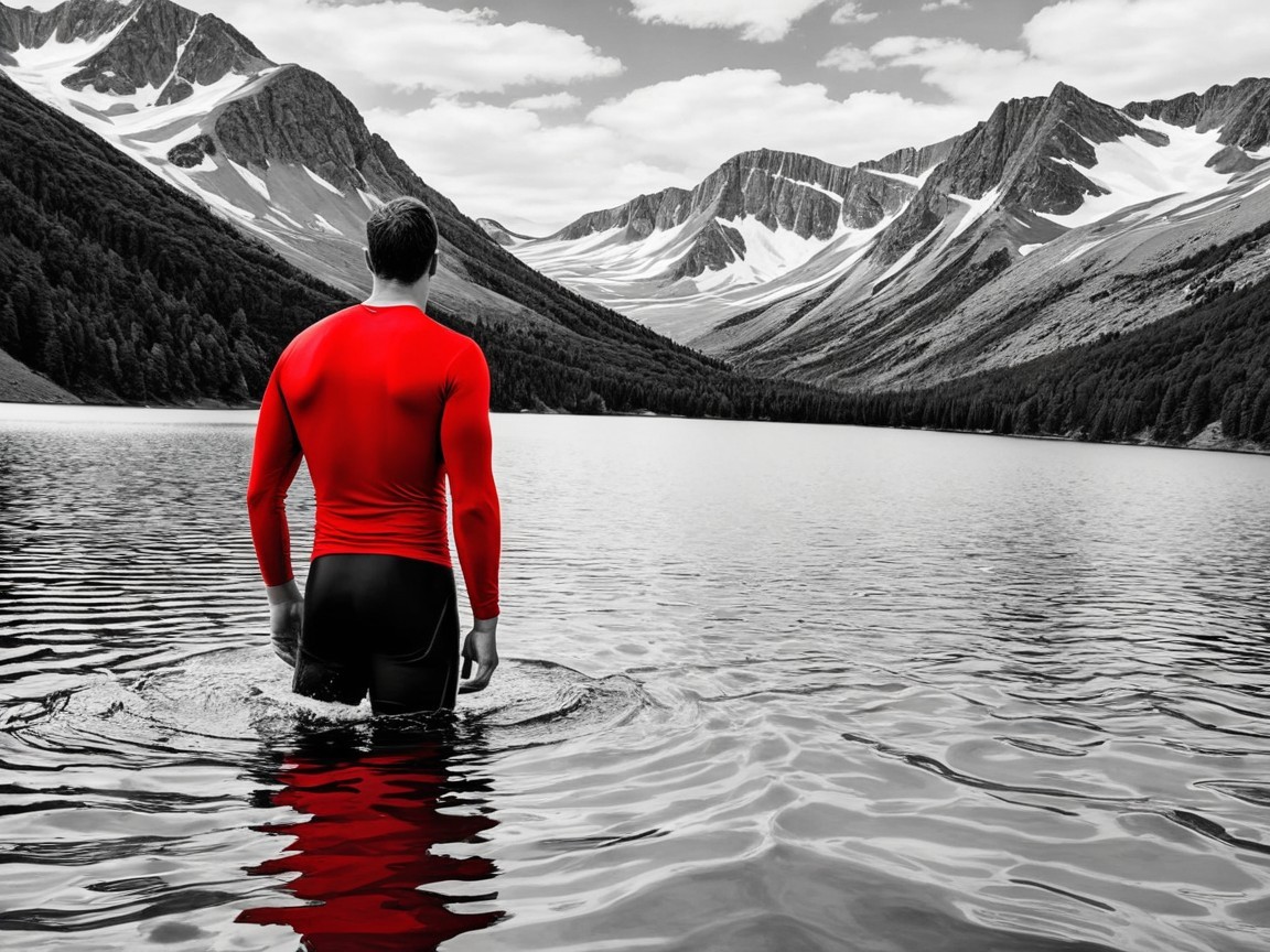 Solitary Figure in Black and White Lake Landscape