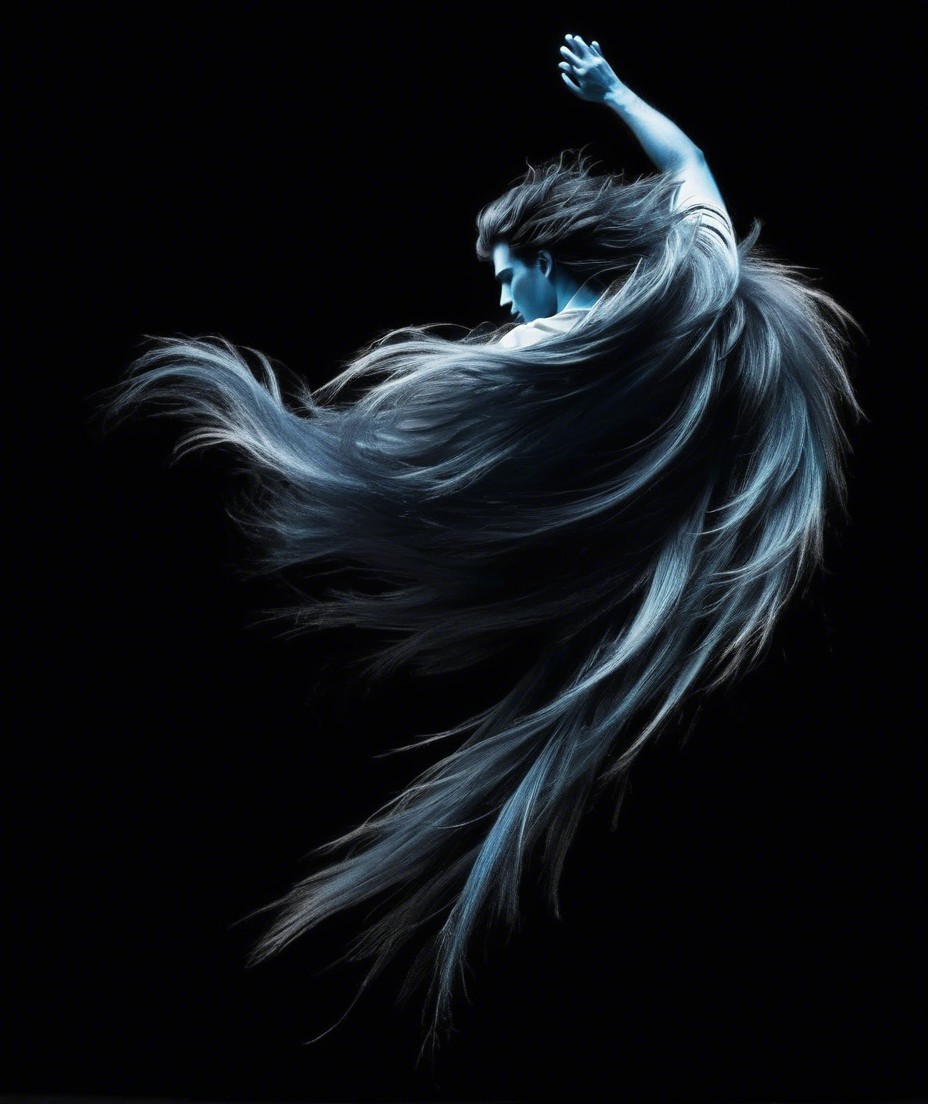 Ethereal Figure in Motion Against Black Background