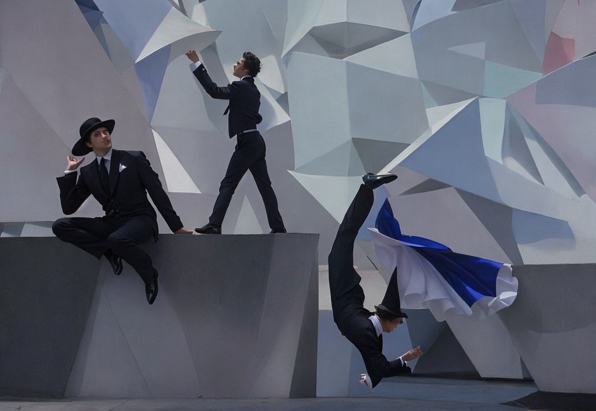 Elegant Figures in Black Suits Against Abstract Backdrop