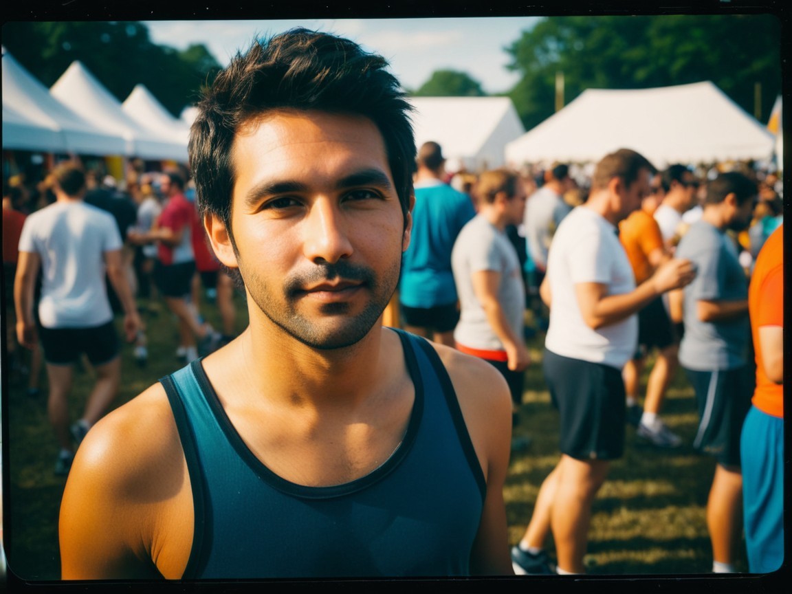 Young man in blue tank top at community sports event