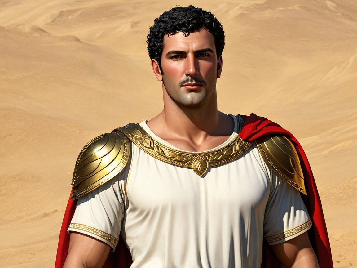 Muscular Man in Desert with White Tunic and Red Cape