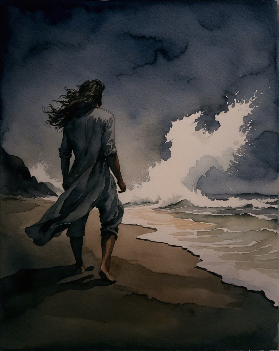 Silhouette on Beach Facing Turbulent Ocean Waves