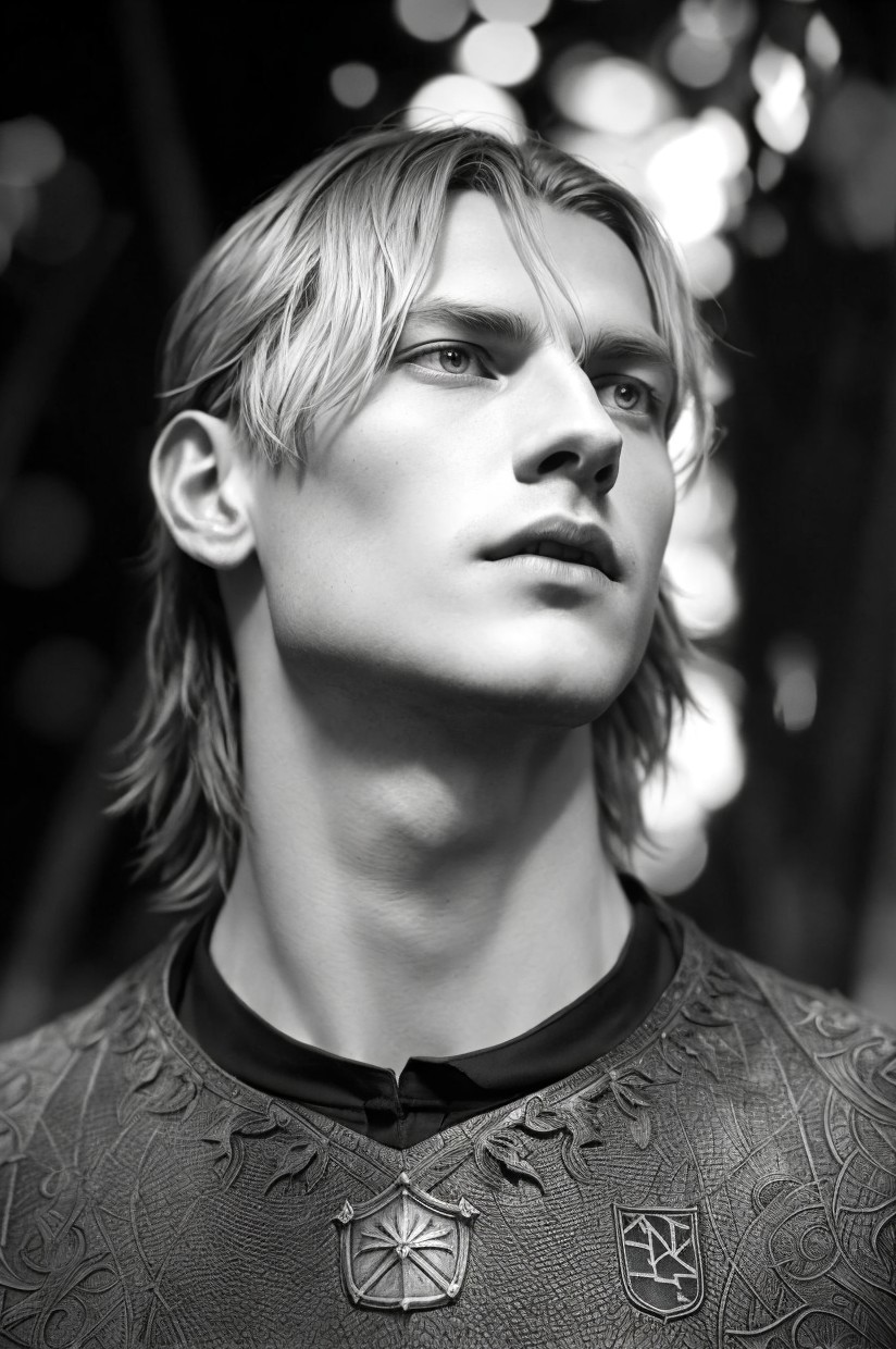 Black-and-White Portrait of a Young Man with Long Hair
