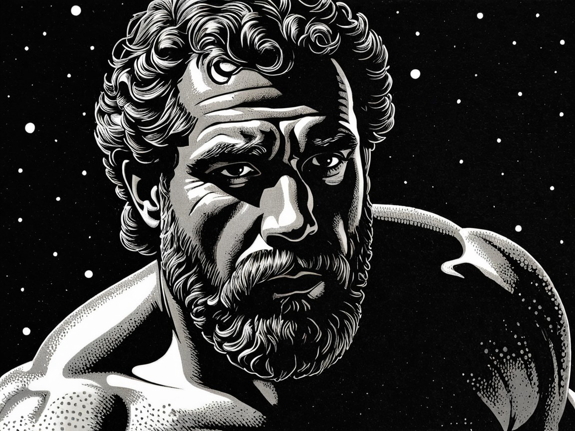 Strong Bearded Man in Monochrome Starry Scene