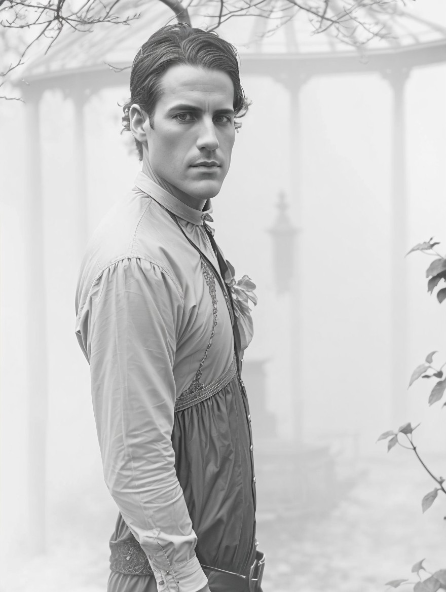 Young man in vintage attire with misty background