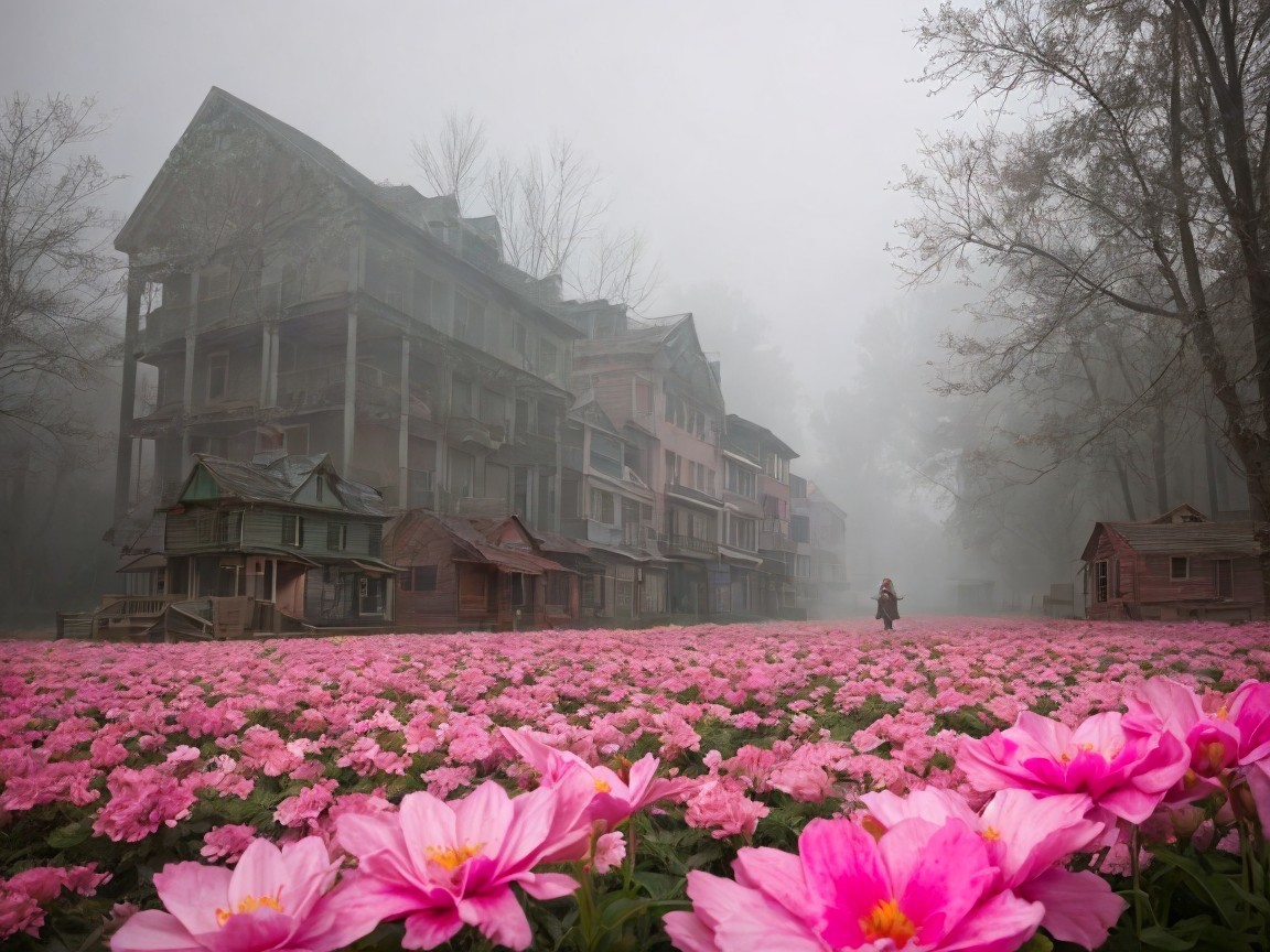 Misty Landscape with Abandoned Building and Flowers