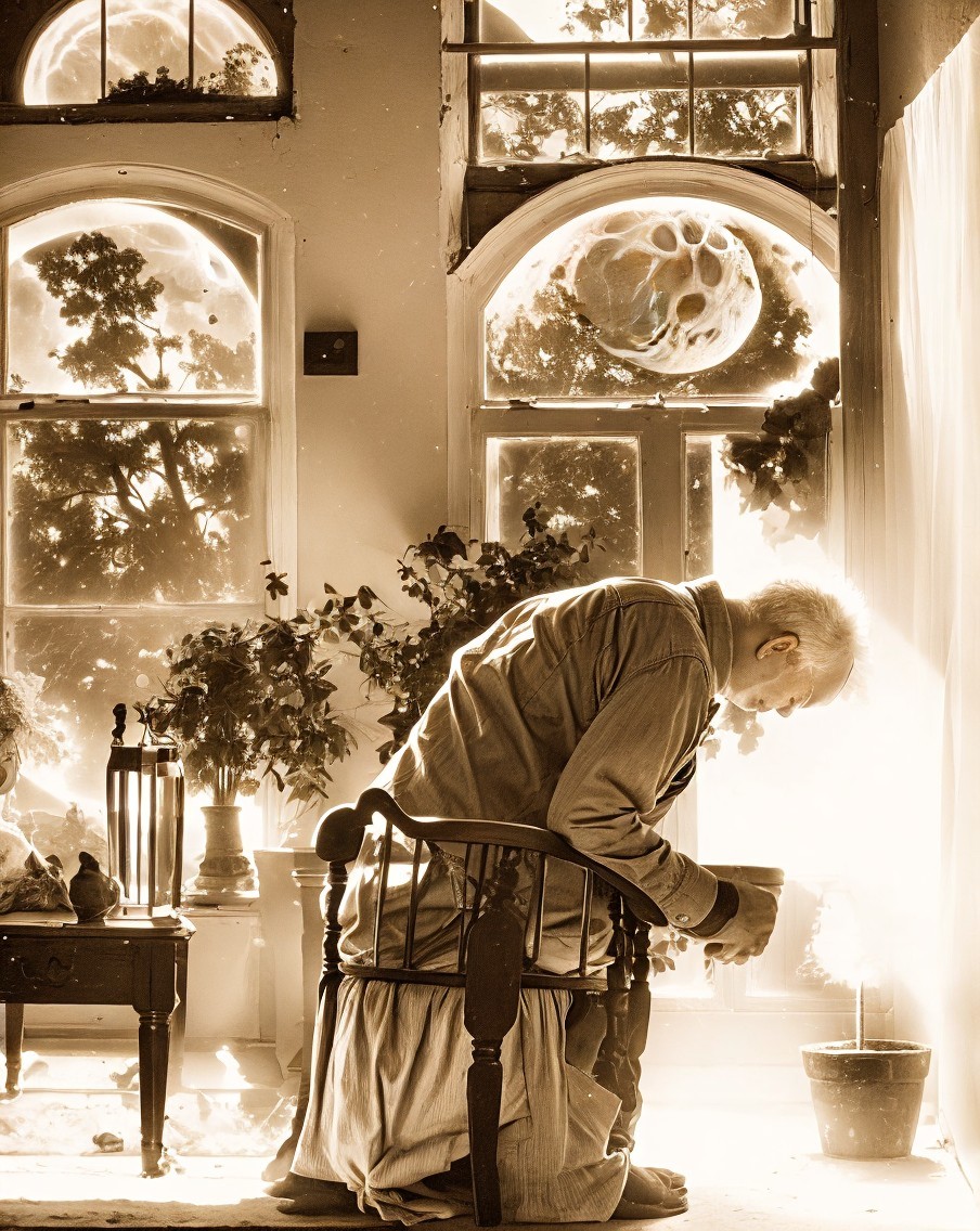 Elderly man tending plant in sunlit room with greenery
