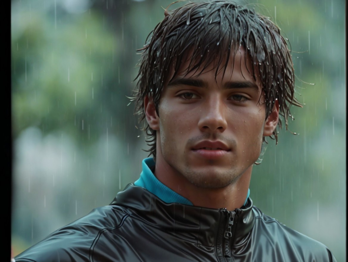 Young man in black jacket stands in rain outdoors
