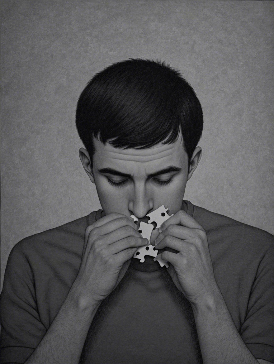 Contemplative Young Man with Jigsaw Puzzle in Monochrome